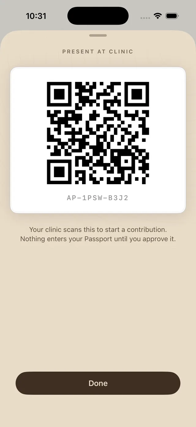 The Present at clinic screen showing a large single use code